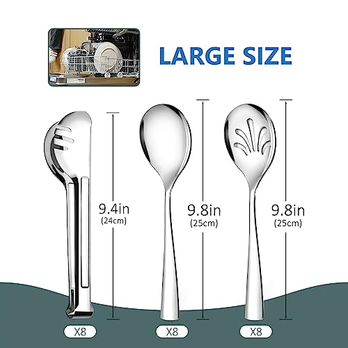 24 Pack Stainless Steel Large Serving Utensils Set - 10" Serving Spoons x 8, 10" Slotted Spoons x 8, and 9" Serving Tongs x 8 by Teivio, for Buffet, Chafing Dish, Catering Supplies (Silver) - My Kitchen Products