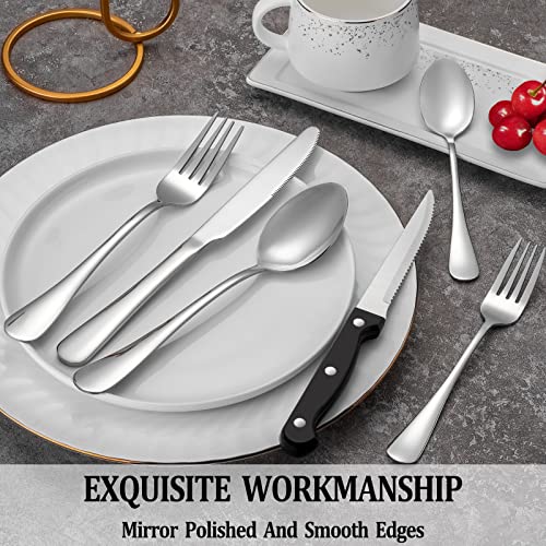 24 Pcs Silverware Set with Steak Knives for 4, Stainless Steel Flatware Set, Mirror Polished Cutlery Utensil Sets, Home Kitchen Eating Tableware, Dishwasher Safe - My Kitchen Products