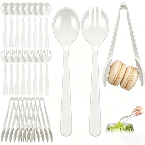 24 Pcs White Plastic Serving Utensils Set, Heavy Duty Disposable Serving Spoons, Forks & Tongs (8 of