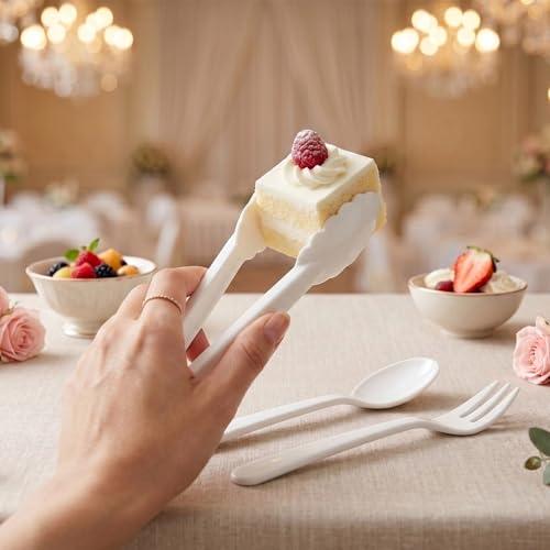 24 Pcs White Plastic Serving Utensils Set - Heavy Duty Disposable Serving Spoons, Forks & Tongs (8 of Each) - BPA-Free Catering Supplies for Buffets, Parties, Weddings & Events (9 Inch) - My Kitchen Products