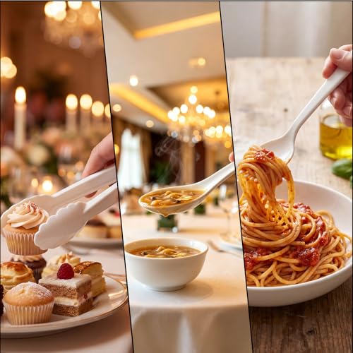 24 Pcs White Plastic Serving Utensils Set - Heavy Duty Disposable Serving Spoons, Forks & Tongs (8 of Each) - BPA-Free Catering Supplies for Buffets, Parties, Weddings & Events (9 Inch) - My Kitchen Products