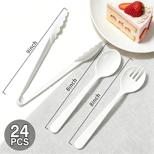 24 Pcs White Plastic Serving Utensils Set - Heavy Duty Disposable Serving Spoons, Forks & Tongs (8 of Each) - BPA-Free Catering Supplies for Buffets, Parties, Weddings & Events (9 Inch) - My Kitchen Products