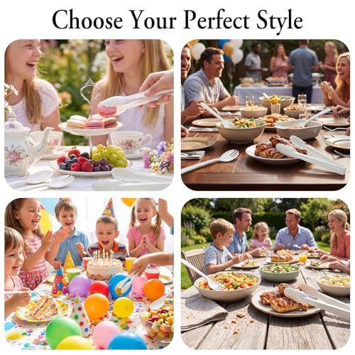 24 Pcs White Plastic Serving Utensils Set - Heavy Duty Disposable Serving Spoons, Forks & Tongs (8 of Each) - BPA-Free Catering Supplies for Buffets, Parties, Weddings & Events (9 Inch) - My Kitchen Products