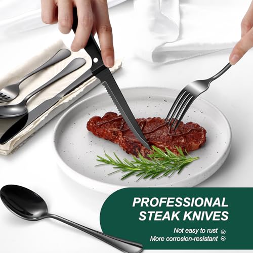 24-Piece Black Silverware Set with Steak Knives Black Stainless Steel Flatware Set for 4 Food Grade Tableware Cutlery Set Rust-proof, Mirror Polished, Dishwasher Safe - My Kitchen Products