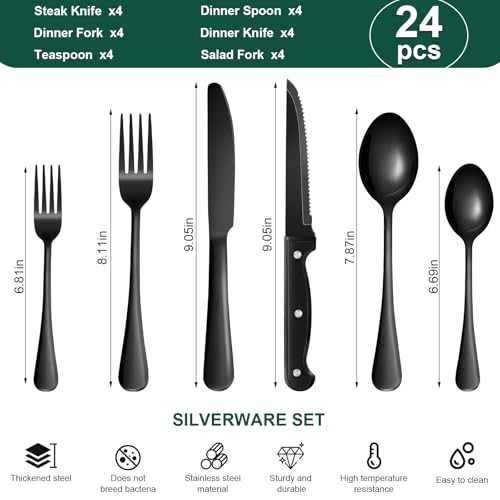 24-Piece Black Silverware Set with Steak Knives Black Stainless Steel Flatware Set for 4 Food Grade Tableware Cutlery Set Rust-proof, Mirror Polished, Dishwasher Safe - My Kitchen Products