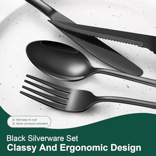 24-Piece Black Silverware Set with Steak Knives Black Stainless Steel Flatware Set for 4 Food Grade Tableware Cutlery Set Rust-proof, Mirror Polished, Dishwasher Safe - My Kitchen Products