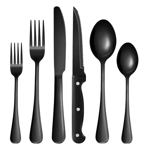 24-Piece Black Silverware Set with Steak Knives Black Stainless Steel Flatware Set for 4 Food Grade Tableware Cutlery Set Rust-proof, Mirror Polished, Dishwasher Safe - My Kitchen Products