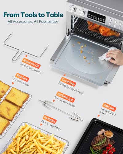 28QT Air Fryer Toaster Oven Combo, Large 12-in-1 Convection Countertop Oven with Next-Gen HeatWave Convection, 3-Layer Cooking, Rotisserie for Chicken, Fits 11" Pizza, All Accessories, Silver-tone - My Kitchen Products