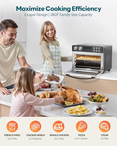 28QT Air Fryer Toaster Oven Combo, Large 12-in-1 Convection Countertop Oven with Next-Gen HeatWave Convection, 3-Layer Cooking, Rotisserie for Chicken, Fits 11" Pizza, Full Accessories, Sparkle Black - My Kitchen Products