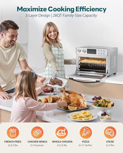 28QT Air Fryer Toaster Oven Combo, Large 12-in-1 Convection Countertop Oven with Next-Gen HeatWave Convection, 3-Layer Cooking, Rotisserie for Chicken, Fits 11" Pizza, All Accessories, Silver - My Kitchen Products
