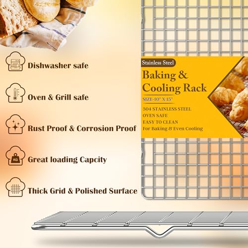 2PCS Cooling Racks for Cooking and Baking - 10" x 15"Heavy Duty Stainless Steel Wire Rack for Baking, Grilling, Roasting - Oven & Dishwasher Safe - Fits Jelly Roll Sheet Pan-Silver - My Kitchen Products