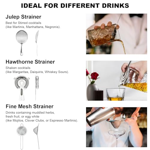 3-in-1 Cocktail Strainer Set, Includes Julep, Hawthorne, Fine Mesh Strainer, Food Grade 304 Stainless Steel, Complete Set Covering All Cocktail Straining Techniques, Essential Home Bar Tools - My Kitchen Products