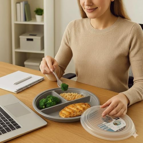 3-Pack Divided Microwave Plates with Vented Lids – BPA-Free Reusable Plates for Portion Control, Meal Prep & Leftovers – Stackable, Freezer & Dishwasher Safe (8.75” x 8.75”) (Gray) - My Kitchen Products