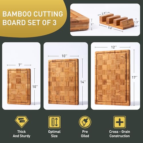 3 Pack Heavy Duty Bamboo Cutting Board Set Non Toxic Wooden Cutting Board for Kitchen Non Slip Solid End Grain Thick Wood Juice Groove Chopping Board Extra Large Butcher Block Best House Warming Gift - My Kitchen Products