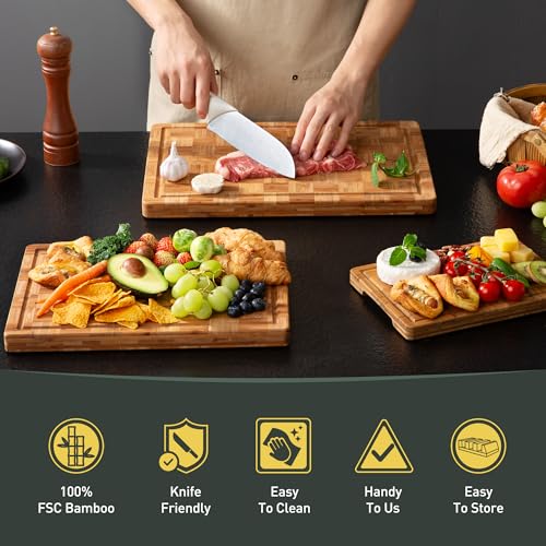 3 Pack Heavy Duty Bamboo Cutting Board Set Non Toxic Wooden Cutting Board for Kitchen Non Slip Solid End Grain Thick Wood Juice Groove Chopping Board Extra Large Butcher Block Best House Warming Gift - My Kitchen Products
