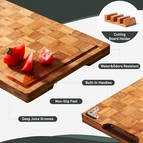 3 Pack Heavy Duty Bamboo Cutting Board Set Non Toxic Wooden Cutting Board for Kitchen Non Slip Solid End Grain Thick Wood Juice Groove Chopping Board Extra Large Butcher Block Best House Warming Gift - My Kitchen Products