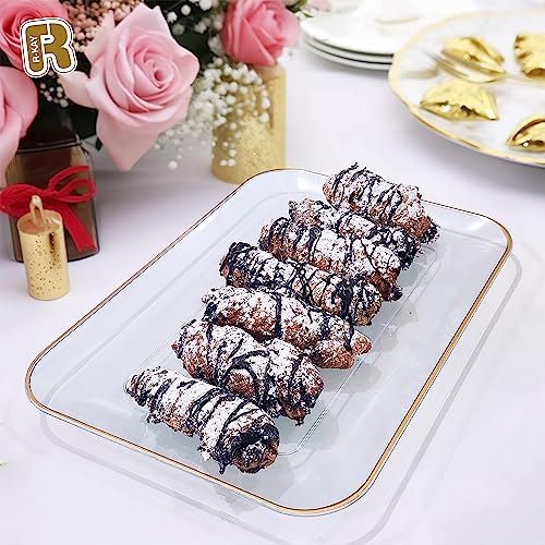 3 Pack Plastic Serving Trays for Party - Gold Serving Tray 8 x 11 Inch - Heavy Duty Dessert Trays for Food - Rectangular Party Serving Trays for Entertaining - Clear Cookie Platters - My Kitchen Products