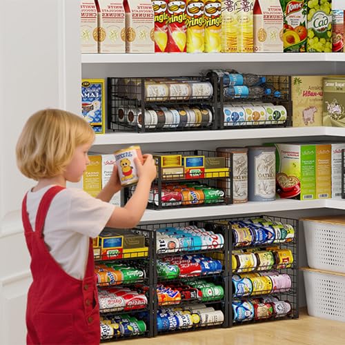 3-Pack Stackable Can Rack Organizer for Pantry, Adjustable Can Holder for Various Ounce of Cans up to 90, Rolling Can Dispenser for Canned Food Soup Goods Storage in Kitchen Cabniet, 2 Tier, Black - My Kitchen Products