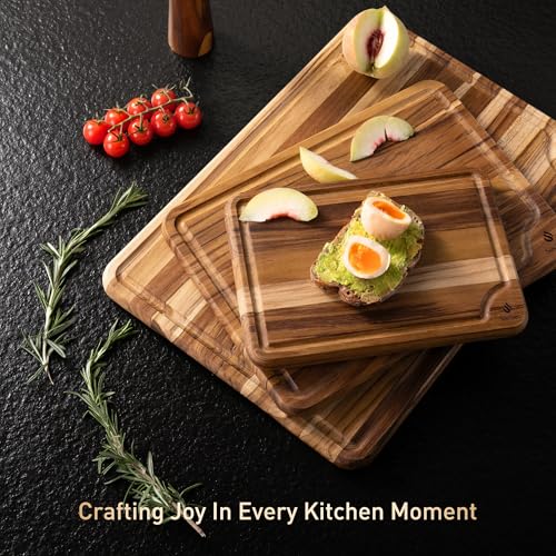 3 Pack Teak Wood Cutting Board Set for Kitchen Charcuterie Board Serving Heavy Duty Non Toxic Slip Over Sink Solid Thick Haus Wooden Chopping Board Large Big Small Meat Best Kitchen Mother Gift - My Kitchen Products