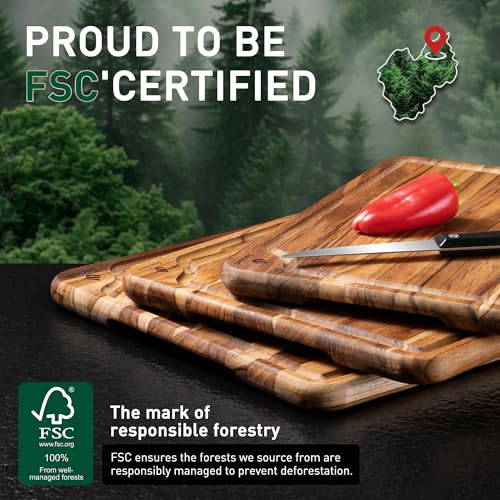 3 Pack Teak Wood Cutting Board Set for Kitchen Charcuterie Board Serving Heavy Duty Non Toxic Slip Over Sink Solid Thick Haus Wooden Chopping Board Large Big Small Meat Best Kitchen Mother Gift - My Kitchen Products