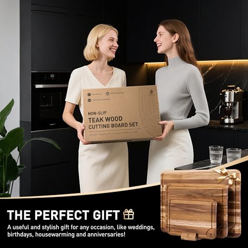 3 Pack Teak Wood Cutting Board Set for Kitchen Charcuterie Board Serving Heavy Duty Non Toxic Slip Over Sink Solid Thick Haus Wooden Chopping Board Large Big Small Meat Best Kitchen Mother Gift - My Kitchen Products