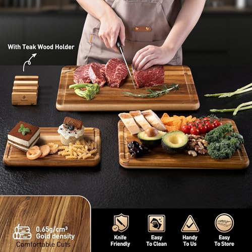 3 Pack Teak Wood Cutting Board Set for Kitchen Charcuterie Board Serving Heavy Duty Non Toxic Slip Over Sink Solid Thick Haus Wooden Chopping Board Large Big Small Meat Best Kitchen Mother Gift - My Kitchen Products