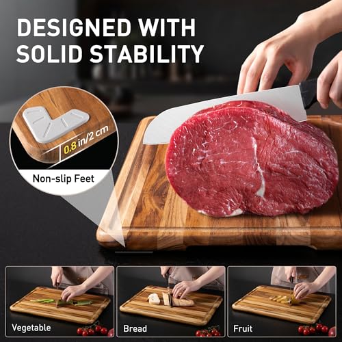 3 Pack Teak Wood Cutting Board Set for Kitchen Charcuterie Board Serving Heavy Duty Non Toxic Slip Over Sink Solid Thick Haus Wooden Chopping Board Large Big Small Meat Best Kitchen Mother Gift - My Kitchen Products