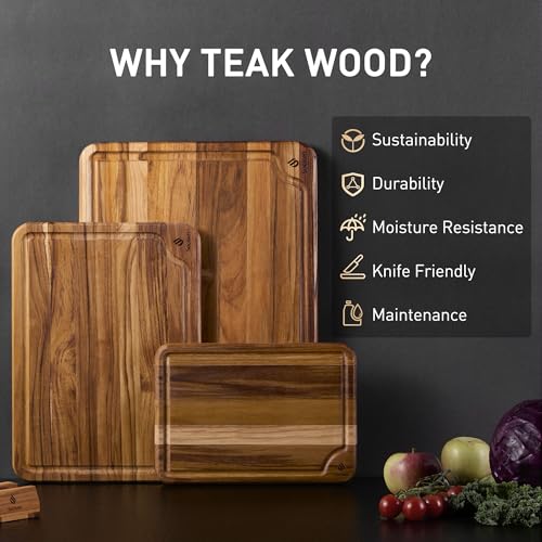 3 Pack Teak Wood Cutting Board Set for Kitchen Charcuterie Board Serving Heavy Duty Non Toxic Slip Over Sink Solid Thick Haus Wooden Chopping Board Large Big Small Meat Best Kitchen Mother Gift - My Kitchen Products