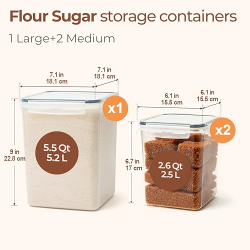3 PCS Airtight Flour and Sugar Container for Pantry - 5lb Flour Capacity - 7.1 Inch Extra Wide Mouth Square Pantry Storage - Set of 3 (5.2L/5.5Qt) (2.5L/2.6Qt*2) - Stackable Baking Supplies Organizer - My Kitchen Products