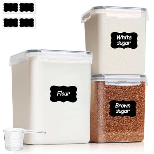 3 PCS Airtight Flour and Sugar Container for Pantry - 5lb Flour Capacity - 7.1 Inch Extra Wide Mouth Square Pantry Storage - Set of 3 (5.2L/5.5Qt) (2.5L/2.6Qt*2) - Stackable Baking Supplies Organizer - My Kitchen Products