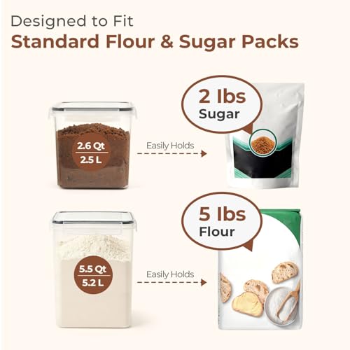 3 PCS Airtight Flour and Sugar Container for Pantry - 5lb Flour Capacity - 7.1 Inch Extra Wide Mouth Square Pantry Storage - Set of 3 (5.2L/5.5Qt) (2.5L/2.6Qt*2) - Stackable Baking Supplies Organizer - My Kitchen Products