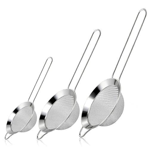 3 Pcs Fine Mesh Strainers with Handle, Stainless Steel Sifter Metal Strainer Set, Small Mini Sieve for Kitchen, Tea