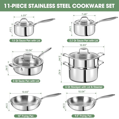 3 Ply Stainless Steel 11-Piece Cookware Set with Lids, Pots and Pans Kitchen Set, Non-Toxic, Induction, Oven, Dishwasher Safe, Professional Chef Quality - My Kitchen Products