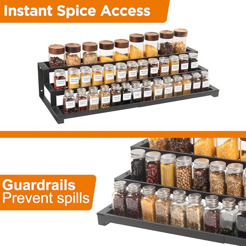 3-Tier Spice Rack Organizer for Kitchen Cabinet or Pantry, 16"-29" Expandable Spice Organization Shelf, Seasoning Organizer, Metal Display Shelf, Slip-Resistant Design for Jars and Bottles, Black - My Kitchen Products