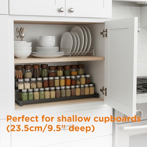 3-Tier Spice Rack Organizer for Kitchen Cabinet or Pantry, 16"-29" Expandable Spice Organization Shelf, Seasoning Organizer, Metal Display Shelf, Slip-Resistant Design for Jars and Bottles, Black - My Kitchen Products
