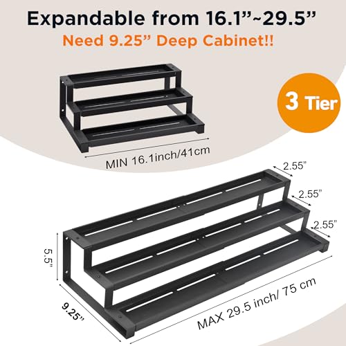 3-Tier Spice Rack Organizer for Kitchen Cabinet or Pantry, 16"-29" Expandable Spice Organization Shelf, Seasoning Organizer, Metal Display Shelf, Slip-Resistant Design for Jars and Bottles, Black - My Kitchen Products
