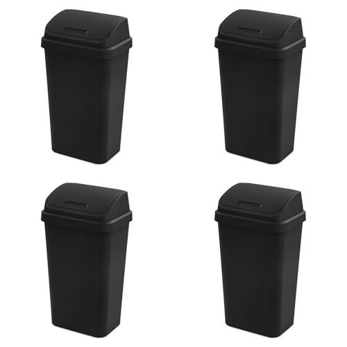 Sterilite 4-Pack Swing Top Wastebasket, Sleek Square Profile Trash Can, 13 Gallon, Black - Modern Garbage Bin for Kitchen, Bathroom, Garage and Workspace, Fits 13 Gal Liners