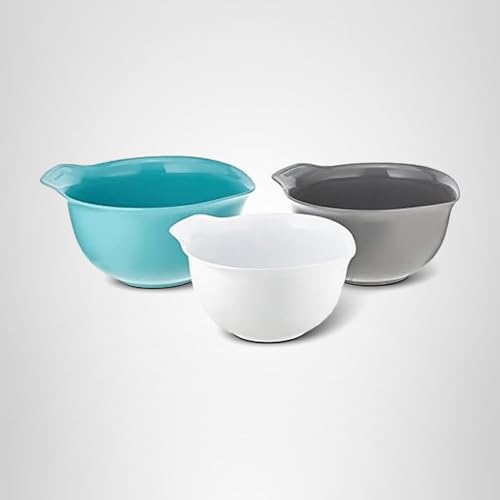 KitchenAid Universal Nesting Plastic Mixing Bowls, Set Of 3, 2.5 quart, 3.5 quart, 4.5 quart, Non Slip Base with Easy Pour Spout to Reduce Mess, Dishwasher Safe, Aqua Sky, White, Gray