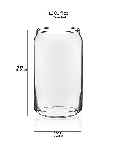 Libbey Classic Can Shaped Drinking Glasses Set of 4, Clear Kitchen Glass Tumbler, 16 Oz, Dishwasher Safe Glass Cups Set for Beverages and Cocktails