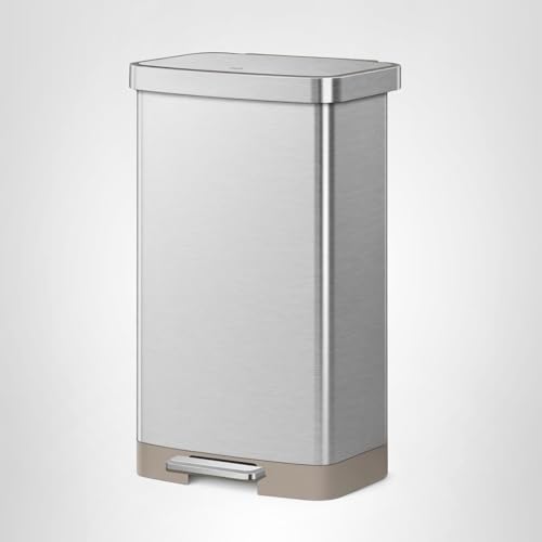 EKO Hudson Matte Stainless 50 Liter/13.2 Gallon Step Trash Can with Rear Trash Bag Storage Compartment