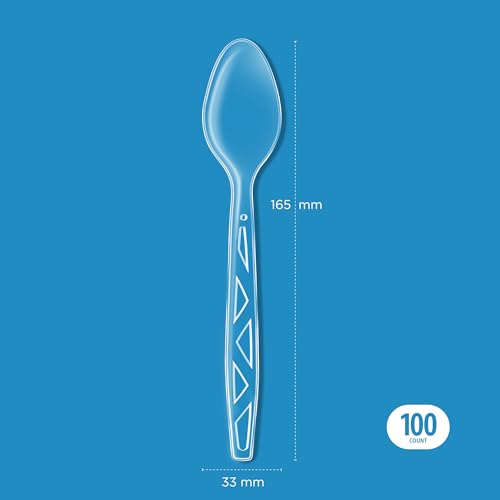 Amazon Basics Disposable Clear Plastic Spoons, Premium Quality, 100 Count, Large Pack, Packaging May Vary