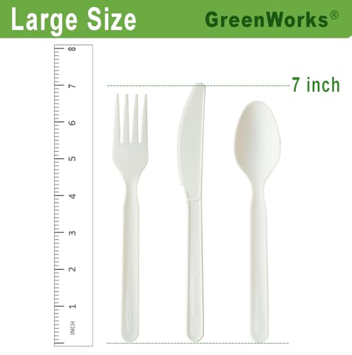 GreenWorks 150 Count 7" Heavy-duty Compostable Utensils,50 Forks 50 Spoons 50 Knives Cutlery Set,BPI Certified Large Disposable Flatware Set