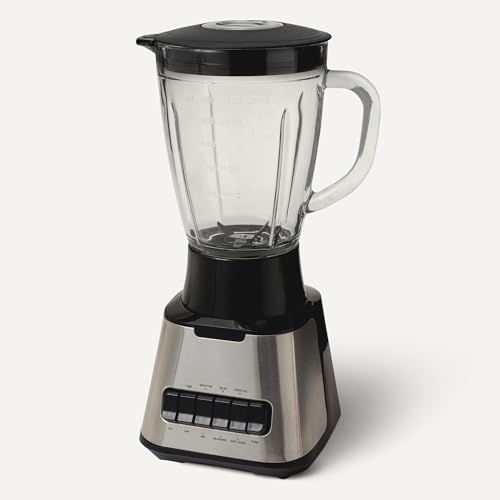 Amazon Basics Powerful 700W Countertop Blender with 6-Cup (50 Fl. Oz) Glass Jar, 6 Pre-Programmed Functions, Ice Crush, Stainless Steel Blades, Black & Silver