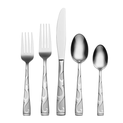 Oneida Silverware Set For 8, Tuscany 45-Piece Everyday Flatware Set with Serving Utensils, Service For 8, 18/0 Stainless Steel, Dishwasher Safe, Knives Spoons And Forks Sets, Dining (Silver, 45 Piece)