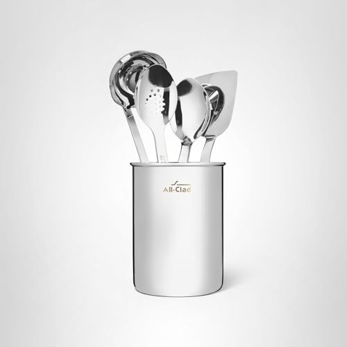 All-Clad 5-Piece Stainless Steel Kitchen Utensil Set – Includes Ladle, Solid Spoon, Slotted Spoon, Turner & Storage Caddy – Heavy-Gauge, Ergonomic, Dishwasher Safe, Silver