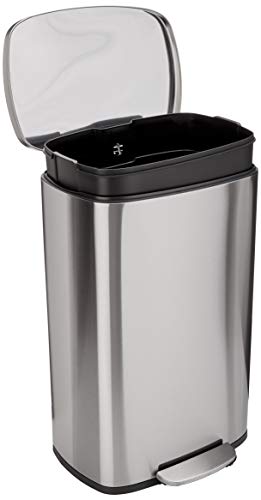 Amazon Basics LARGE Trash Can, 13.2 Gallon (50L), Smudge Resistant Rectangular Bin with Soft-Close Lid, Step Foot Pedal, Removable Inner Bucket, Brushed Stainless Steel, Satin Nickel Finish