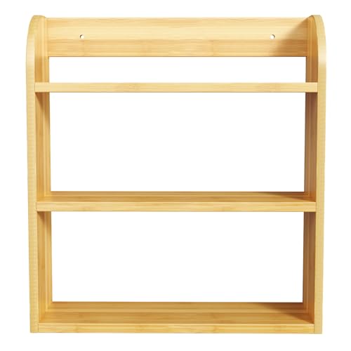 ROMGUAR CRAFT 3 Tier Bamboo Spice Rack, Countertop or Wall Mounting Wood Spice Jars Organizer Shelf for Kitche, Pantry (Natural)