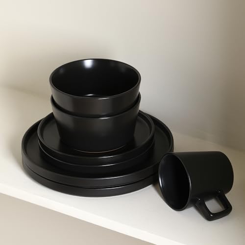 Stone Lain Celina Stoneware 16 Piece Dinnerware Set, Plates and Bowls, Black Matte Dish, Service for 4 – Minimalist Round Style, Microwave & Dishwasher Safe