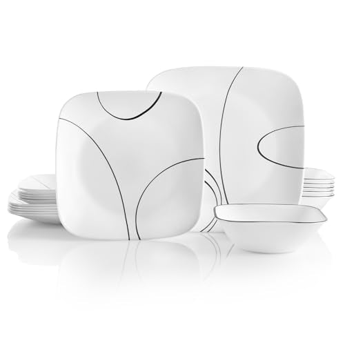 Corelle 18-Piece Service for 6 Dinnerware Set Triple Layer Glass and Chip Resistant, Lightweight Square Plates and Bowls Set, Simple Lines