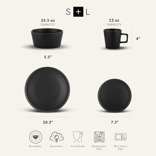 Stone Lain Celina Stoneware 16 Piece Dinnerware Set, Plates and Bowls, Black Matte Dish, Service for 4 – Minimalist Round Style, Microwave & Dishwasher Safe